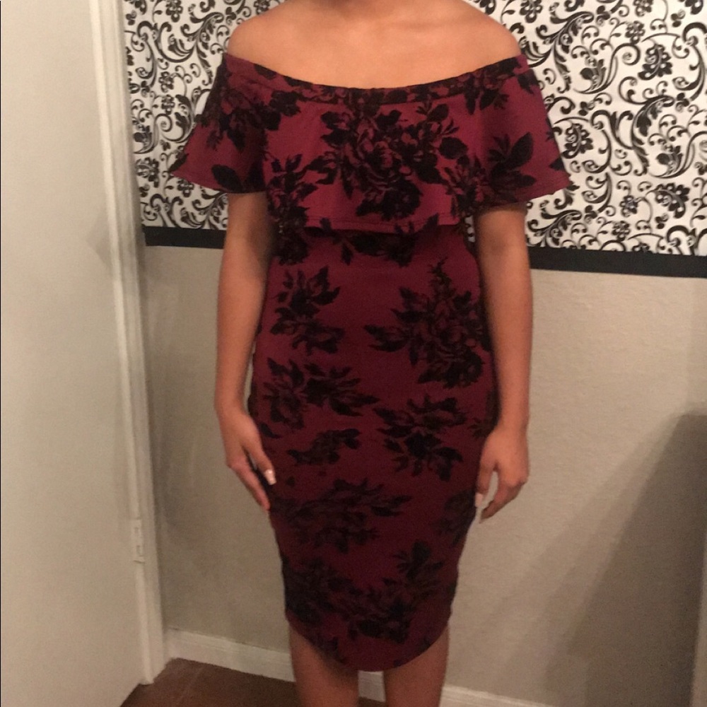 Maroon cocktail dress with black velvet detail